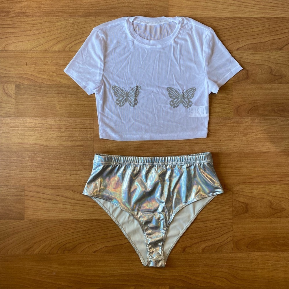 Reflective Silver Butterfly Mesh Rave Set - Picture 2 of 5